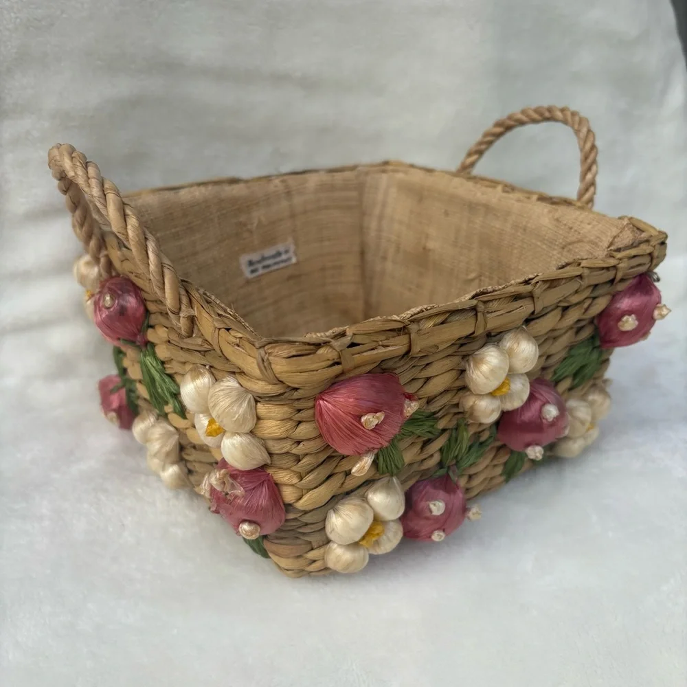 Vintage Handmade Straw Basket w/ Strawberry & Floral with Raffia Trim Handles